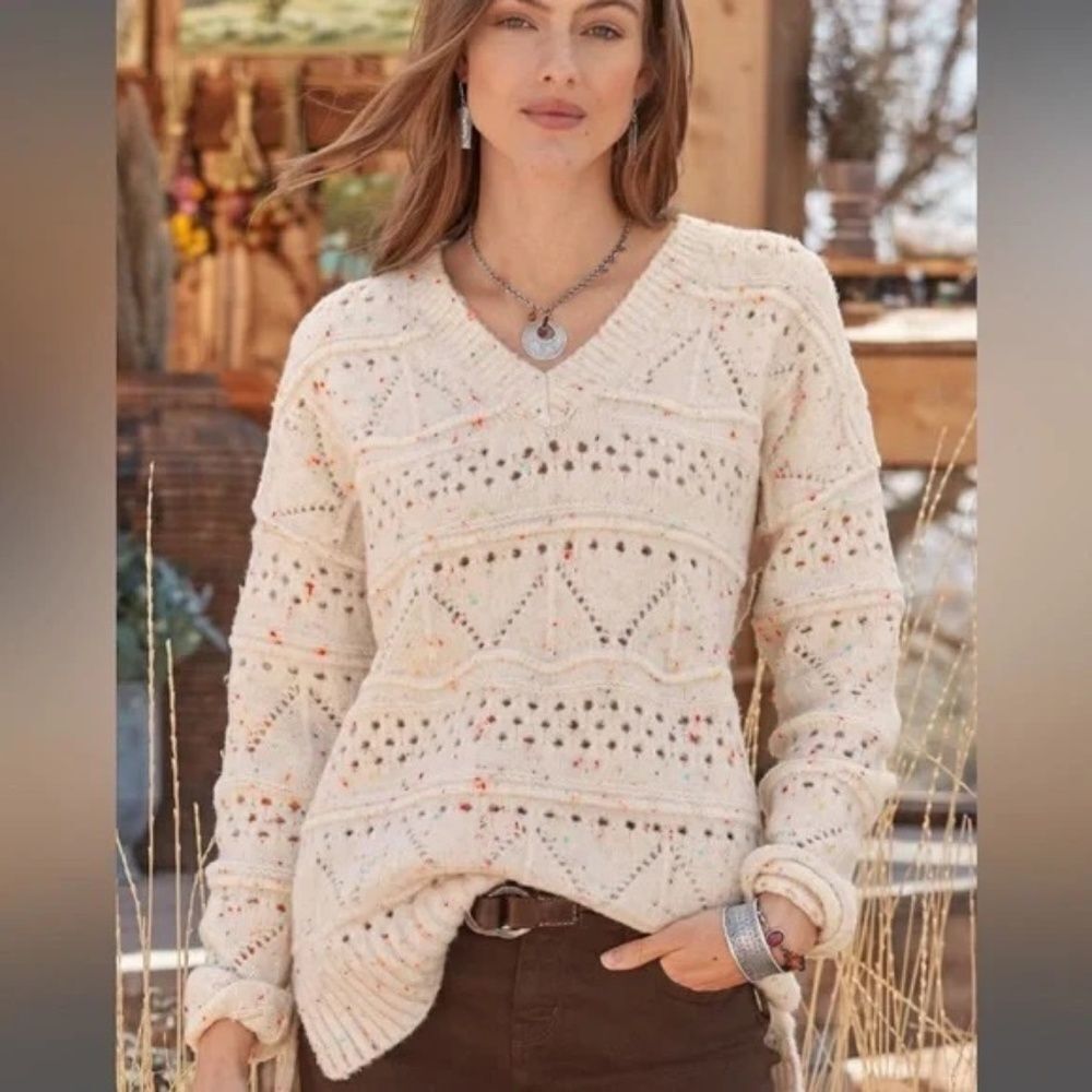 Sundance Minnie Cream Specked V-Neck Sweater Sz L‎